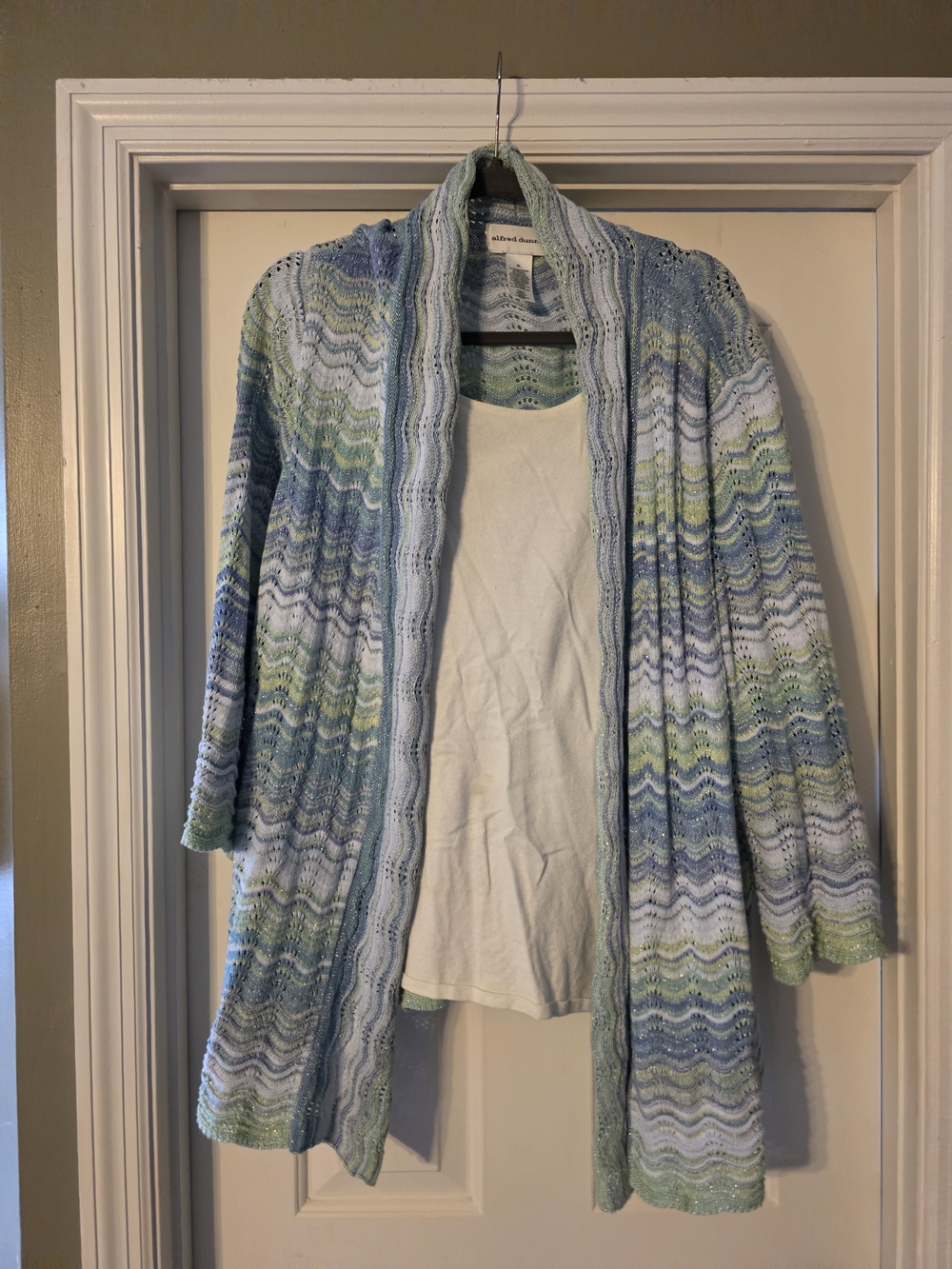 Alfred Dunner Pastel Blue & Green Wave Knit Open Cardigan - Picture 4 of 4